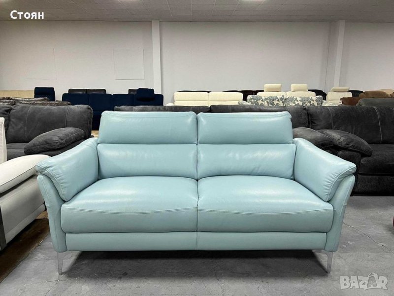 Светло син кожен диван голяма двойка - естествена кожа, снимка 1