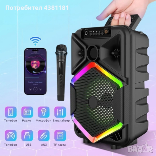 Преносима тонколона с микрофон, 8.5 инча, 1800 mAh батерия, 10W мощност WSJAR E8132W, снимка 1