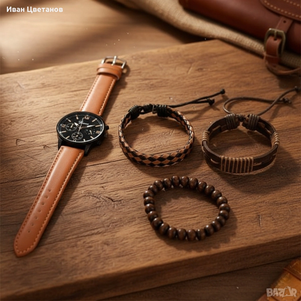 Комплект ръчен часовник с три гривни – стилен аксесоар за всеки повод, снимка 1