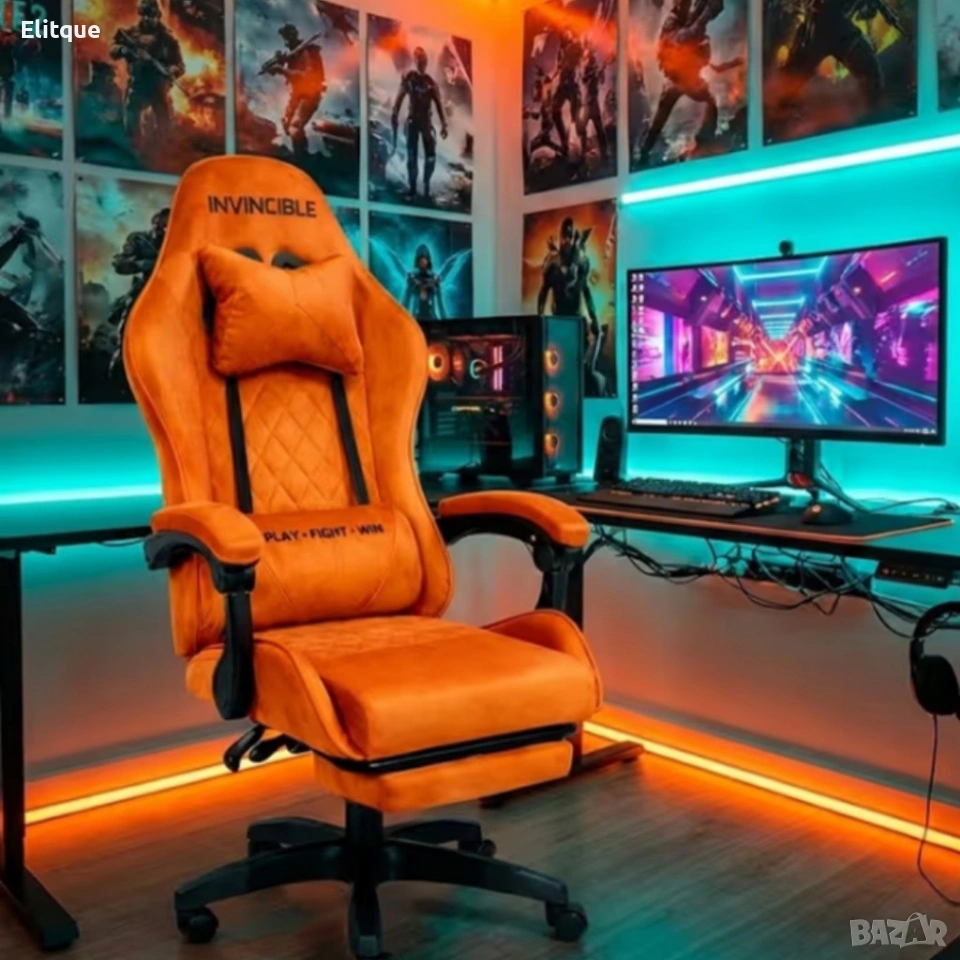 Оранжев велурен геймърски стол с поставка за крака – ергономичен, метална рамка, снимка 1