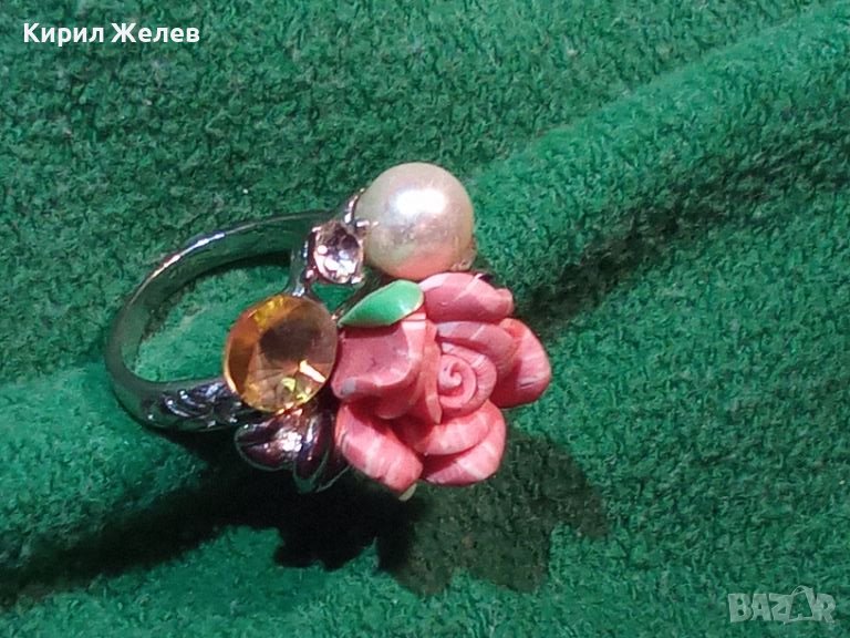 Прекрасен нежен флорален АРТ ПРЪСТЕН РОЗА с ПЕРЛА и КРИСТАЛИ и БЯЛА ПОЗЛАТА 21074, снимка 1