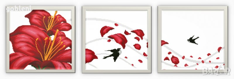 гоблен-триптих "ПРОЛЕТЕН ТРИПТИХ"-Д 46; 3 бр. /15*15/см. 19 цвята; 36лв, снимка 1