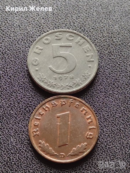 Две монети 1 райхспфенинг 1939г. Трети райх с СХВАСТИКА /5 гроша 1978г. Австрия орел Хералдика 22373, снимка 1