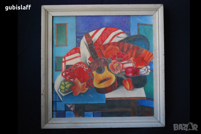 Стара картина,композиция с китара, М.К., 1989 г., снимка 1