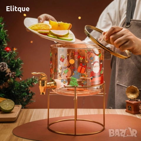 Стъклен диспенсър за напитки 2.6 L с коледен дизайн и златиста стойка, снимка 5 - Други - 52853481