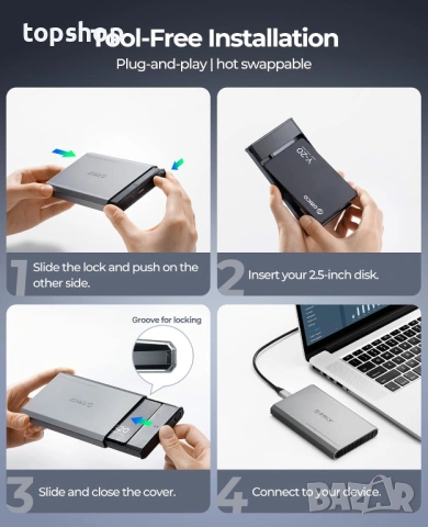 Алуминиева кутия за 2.5" SSD/HDD диск ORICO – USB-C 3.2, 6Gbps, снимка 8 - Кабели и адаптери - 53252260