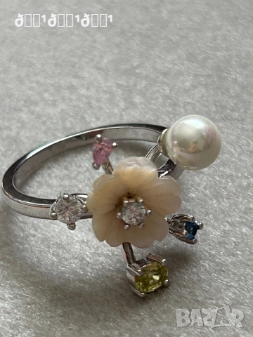 Луксозен сребърен пръстен със седефено цвете топази и перла , снимка 3 - Пръстени - 52835181