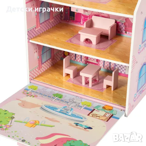 Двуетажна дървена къща за кукли с мебели, снимка 6 - Кукли - 49767352