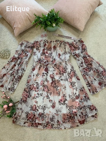 Ефирна флорална рокля с паднали ръкави, снимка 5 - Рокли - 53532622