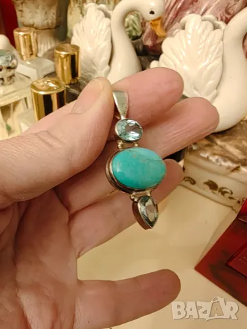 Авторска сребърна висулка с естествени тюркоаз и аквамарин , снимка 3 - Колиета, медальони, синджири - 47895971