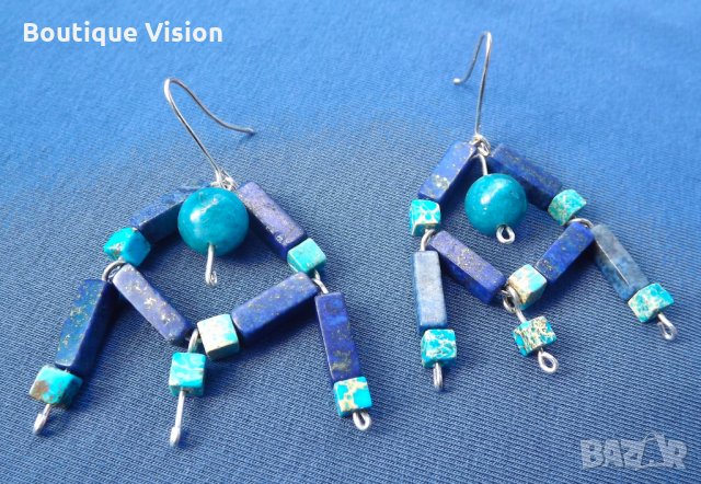 Ново! 2 вида сребърни обеци, проба 950 с естествени камъни - Апатит, Лапис Лазули и Яспис