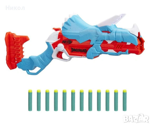 NERF DinoSquad Tricera бластер, 3-стрелковидна чупеща се цев, 12 Nerf стрелички, държач за стрели, снимка 3 - Други - 53028967