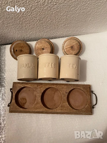 Керамични съдове за кафе, чай и захар, Дървен капак и дървена опора, снимка 3 - Аксесоари за кухня - 50528219
