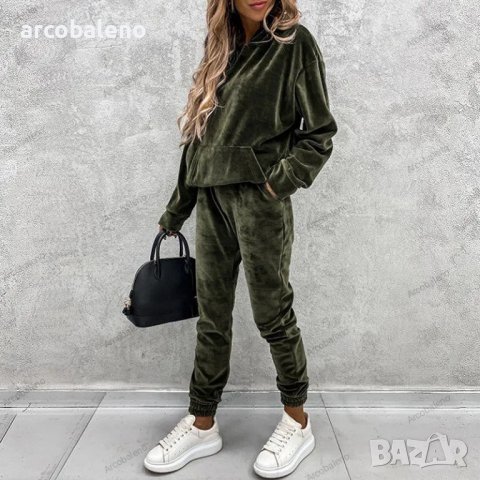 Дамски едноцветен спортен кадифен костюм с качулка, 3цвята , снимка 7 - Комплекти - 39449229