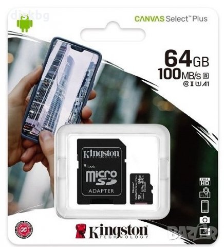 Бърза MicroSD 64GB "Kingston" CANVAS, class10 - нова карта памет, запечатана, снимка 1 - Карти памет - 29055455