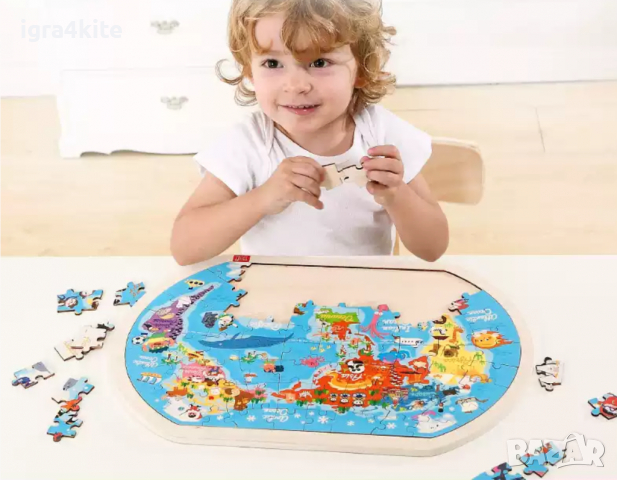 Дървен пъзел Морски Свят - Карта на света в рамка, снимка 4 - Игри и пъзели - 36512126