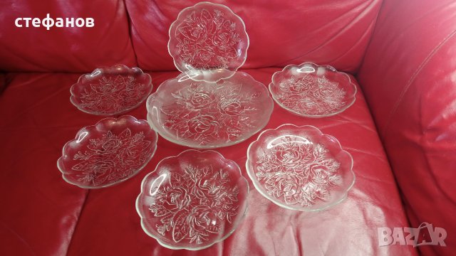 Комплект от голяма чиния за торта и 6 малки, стъклен 