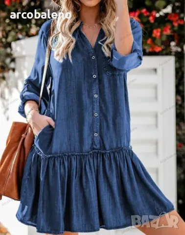 Дамска дънкова миди рокля с V-образно деколте , снимка 3 - Рокли - 40669775