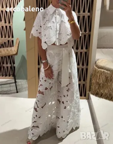 Дамски едноцветен секси комплект с широки крачоли от две части, 5цвята , снимка 5 - Комплекти - 48326901