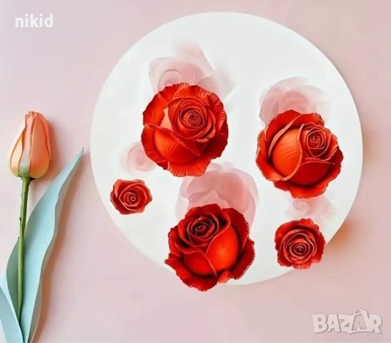 4 пъпки пъпка роза рози розички силиконов молд форма фондан шоколад гипс смола декор, снимка 4 - Форми - 53157584