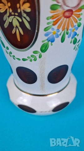 Бохемска стъклена ваза с ръчно рисувани мотиви, снимка 3 - Вази - 52136699