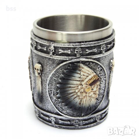 Код 95623 Стилна чаша от полирезин и метал с релефни декорации - череп на индианец, снимка 2 - Чаши - 37044186