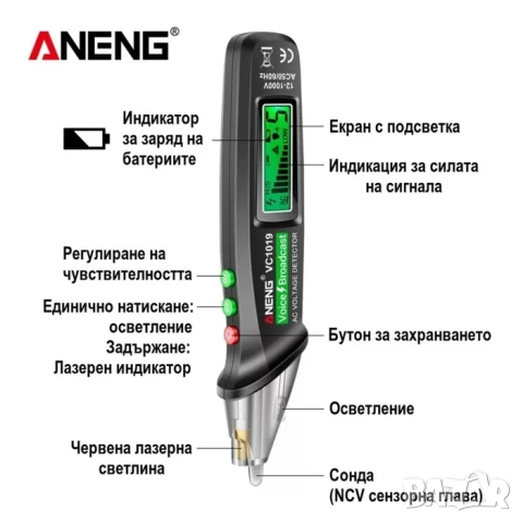 Детектор за напрежение | Откриване на кабели | Безконтактен фазомер, снимка 3 - Други инструменти - 39870831