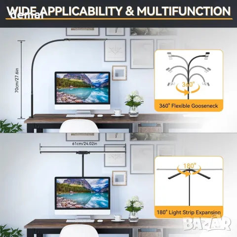 CHENBEN LED настолна лампа за офис, 15W 61 см настолна лампа с двойна глава, със скоба, снимка 4 - Настолни лампи - 47990365