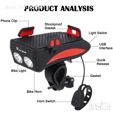 4-в-1 клаксон,мощни фарове, стойка за телефон, лампа за клаксон,акумулаторно, снимка 1 - Аксесоари за велосипеди - 39698076