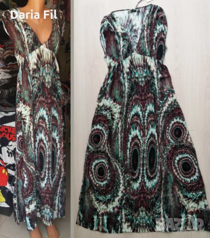 НАМАЛЕНИЕ! МНОГО КРАСИВА дълга рокля с остро деколте и щампа паунови пера , снимка 1