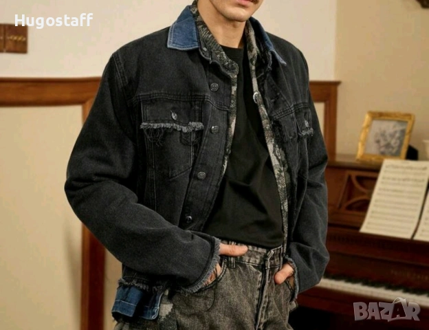 Ново мъжко дънково яке риза черно и синьо двойно деним памук XХЛ, снимка 2 - Якета - 53045684