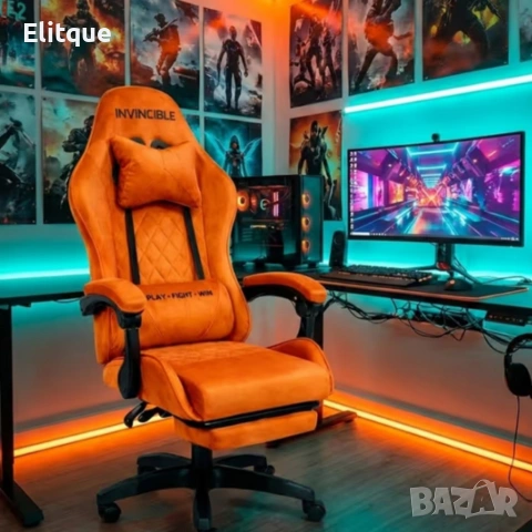 Оранжев велурен геймърски стол с поставка за крака – ергономичен, метална рамка