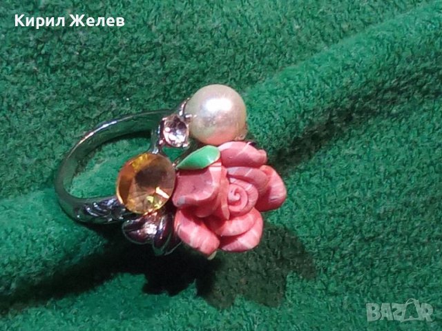 Прекрасен нежен флорален АРТ ПРЪСТЕН РОЗА с ПЕРЛА и КРИСТАЛИ и БЯЛА ПОЗЛАТА 21074