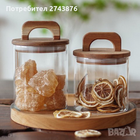 Стъклен буркан с бамбуков капак с дръжка, Ф 10 x 15 см, 1л., снимка 6 - Аксесоари за кухня - 43943508