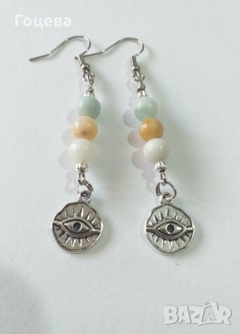 Красиви обици с камъни Амазонит и медальон Окото на Хор , снимка 1