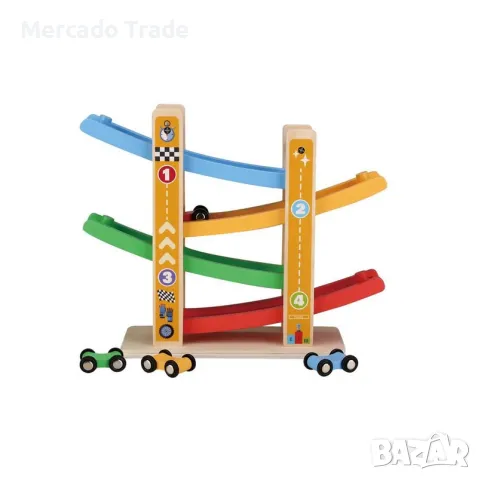 Дървена образователна писта Mercado Trade, 4 цветни превозни средства