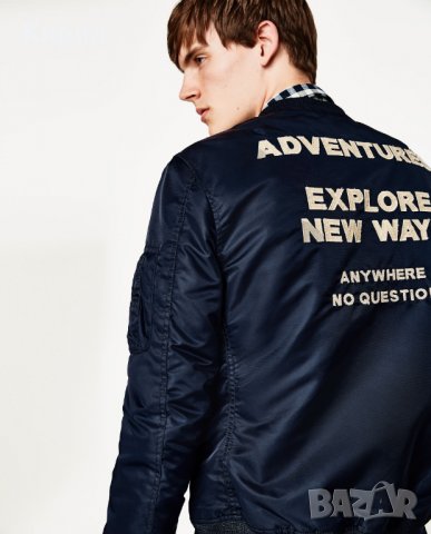 L Zara Men Bomber Jacket With back slogan, снимка 11 - Якета - 28917127