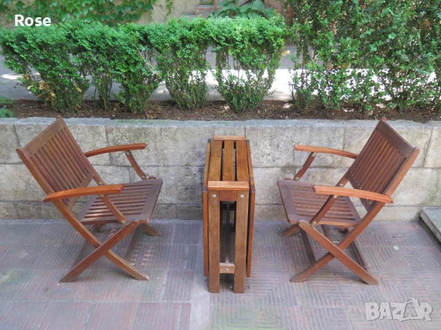 Тиково дърво-двойно сгъваема маса и 2бр.столове  ,Скандинавски мебели, снимка 7 - Градински мебели, декорация  - 50879162
