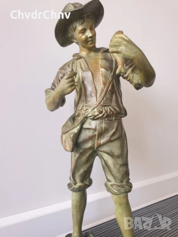 Fogeres статуетка 51см-6кг/стара френска бронзова скулптура/фигура на рибар с риба, снимка 2 - Антикварни и старинни предмети - 50898509
