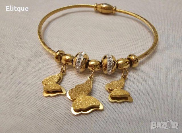 Елегантна дамска твърда гривна от медицинска стомана с бляскави пеперуди и камъни цирконии, снимка 5 - Гривни - 52895185