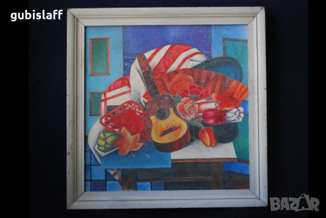 Стара картина,композиция с китара, М.К., 1989 г., снимка 1 - Картини - 27782213