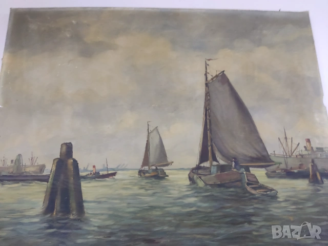 Стара картина XIXв.-Морски пейзаж, маслени бои в/у платно 60/80