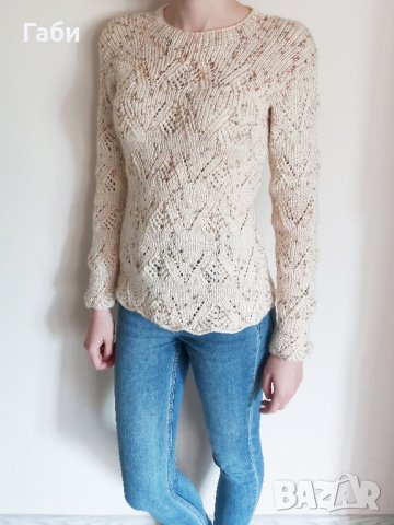 Ръчно плетена блуза, цвят екрю с ажурни мотиви, снимка 2 - Блузи с дълъг ръкав и пуловери - 26678961