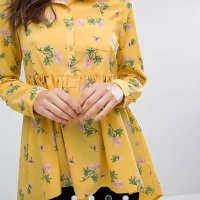 Елегантна дълга дамска риза с флорални мотиви цветя жълта разкроена с дълъг ръкав размер S - S/M , снимка 3 - Ризи - 40689802