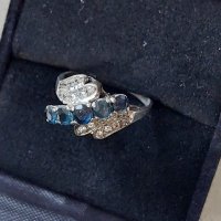 Дамски сребърен пръстен с диаманти и синтетични сапфири , снимка 3 - Пръстени - 43959456