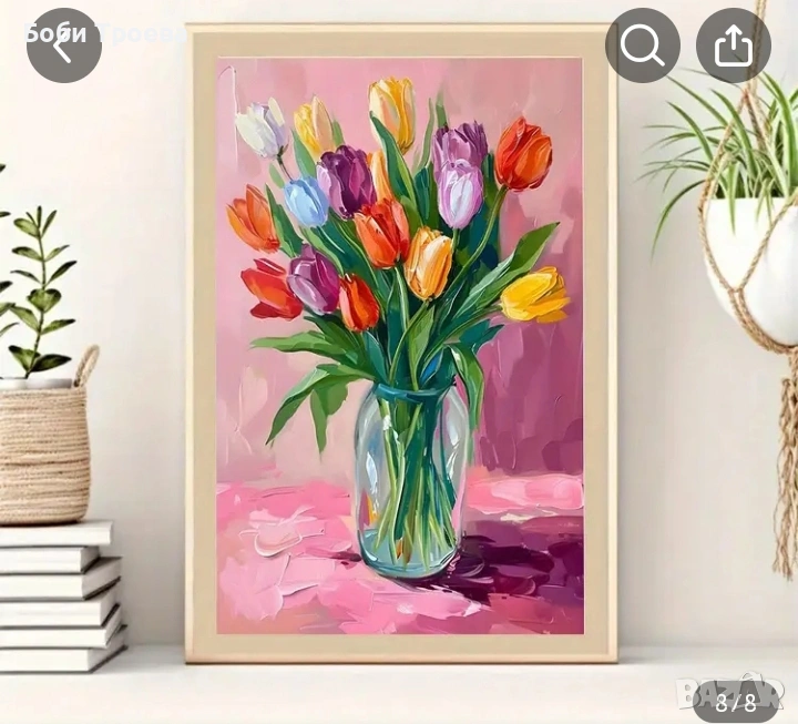 Ярка цветна живопис със силни щрихи, Многоцветни лалета , снимка 1