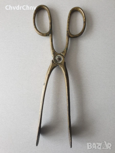 бронзови щипки за въглища 30см/стари метални клещи за камина-печка, снимка 1