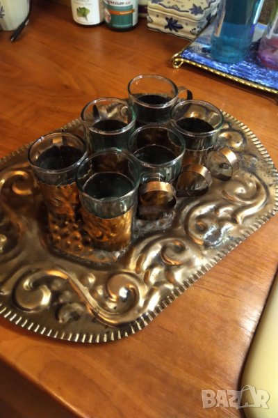 Антикварен ръчно кован сервиз за чай от мед , снимка 1