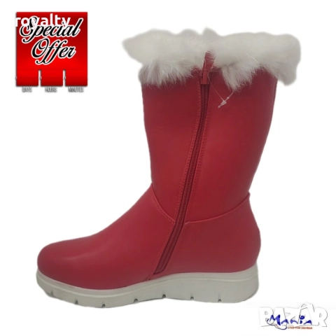 Червени дамски боти с бял пух, снимка 2 - Дамски боти - 52142117