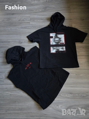 ЛОТ от две мъжки черни тениски с щампи OVERSIZED с качулки.